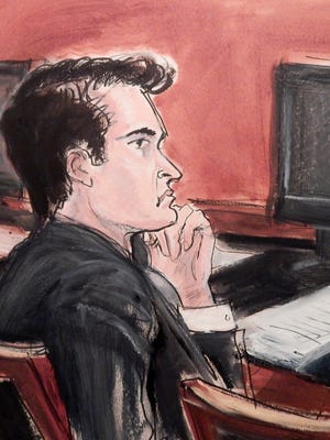 This courtroom sketch shows Ross William Ulbricht listening to opening arguments in a criminal trial where he is charged with operating the Silk Road darknet drug-trafficking website.