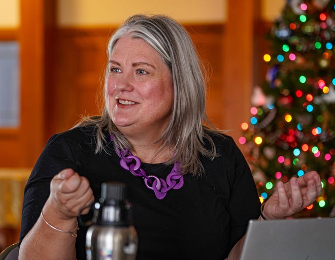 Pastor Mandie Gould-Willoughby chats with members of the church's weekly women's bible study at Mount Olive United Methodist Church (1449 S. High School Road) on Nov. 30, 2023, in Indianapolis.