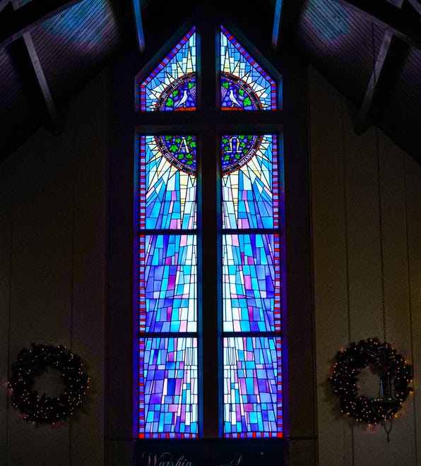 Mount Olive United Methodist Church, 1449 S. High School Road on Nov. 30, 2023, in Indianapolis. The church features unique blue stained glass windows.