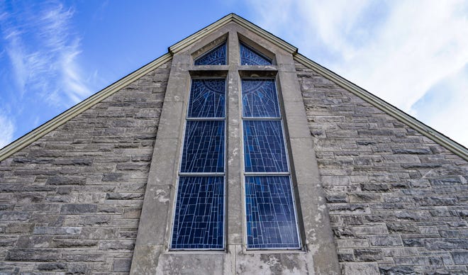 Mount Olive United Methodist Church, 1449 S. High School Road on Nov. 30, 2023, in Indianapolis. The church features unique blue stained glass windows.