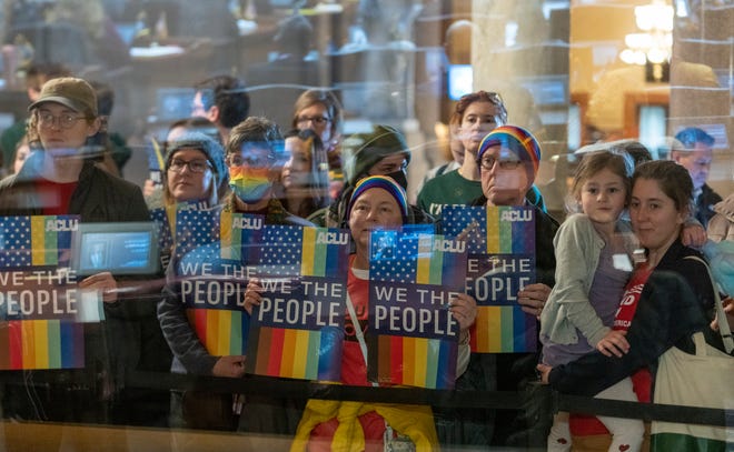 Several of the several hundred people watching proceedings in the Statehouse, Indianapolis, Monday, Feb. 20, 2023, before House education committee testimony regarding the so-called “Don’t Say Gay” bill.