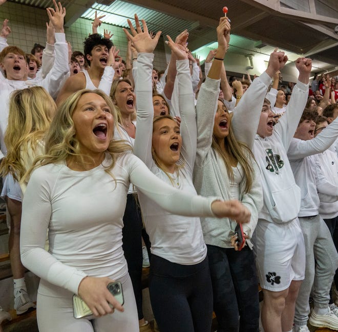 Westfield High School's student section gets hyped near the end of action at Carmel High School, Tuesday, Feb. 28, 2023, during the Westfield boys’ sectional win over Carmel, 43-40.