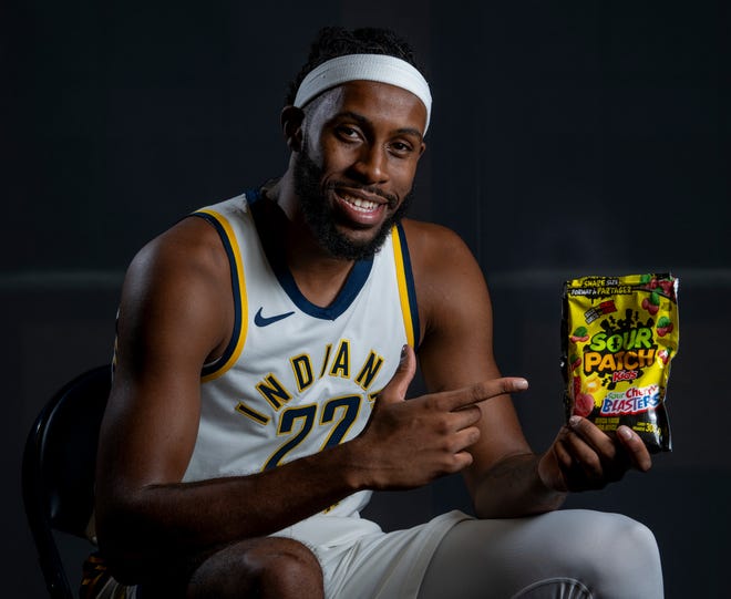 Indiana Pacers forward Isaiah Jackson (22) with Sour Patch Kids, his favorite candy treat, at Pacers media day, at St. Vincent Center, downtown Indianapolis, Monday, Oct. 3, 2023. The team is currently in preseason and the team’s opening game is Oct. 25.