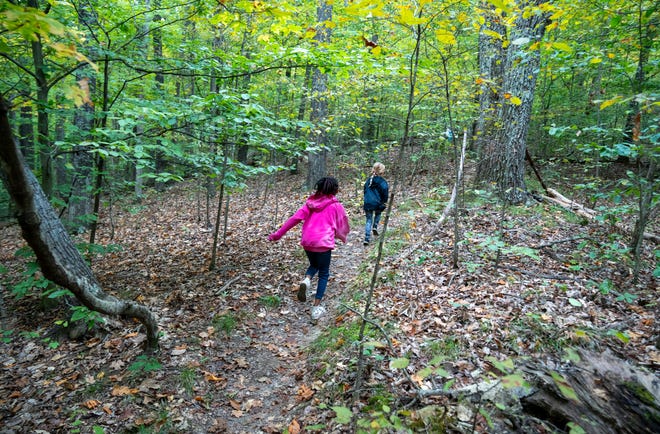 Children run up a hill toward Browning Hill, located in a remote part of Brown County, Indiana, Wednesday, Oct. 11, 2023. Senator Mike Braun has introduced a bill that would double the size of the Charles C. Deam Wilderness Area, and designate land near Lake Monroe as a National Recreation Area.