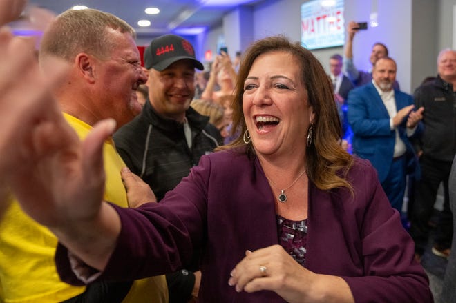 Sue Finkam smiles as she greets well-wishers in Carmel, Tuesday, Nov. 7, 2023, at a watch party for Finkham, who’s Carmel’s new Mayor-elect.