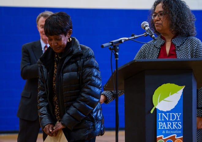 Diana Strader walks back to her seat Monday, Jan. 15, 2024, after thanking the community members present, the City of Indianapolis and the Parks and Recreation board for their help in honoring her late husband, Stanley Strader.