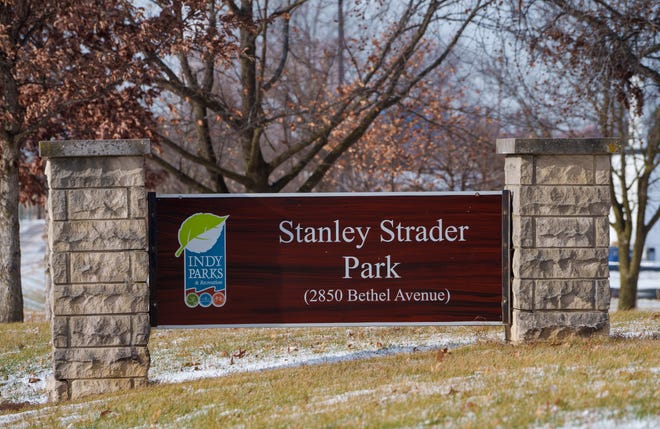 A look at a sign Monday, Jan. 15, 2024, welcoming patrons to Stanley Strader Park, formerly Bethel Park, on Indianapolis' south side.