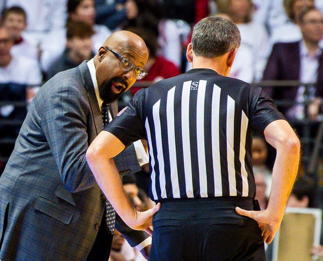 Indiana Head Coach Mike Woodson disagrees with a call during the first half of the Indiana versus Purdue men's basketball game at Simon Skjodt Assembly Hall on Tuesday, Jan. 16, 2024.