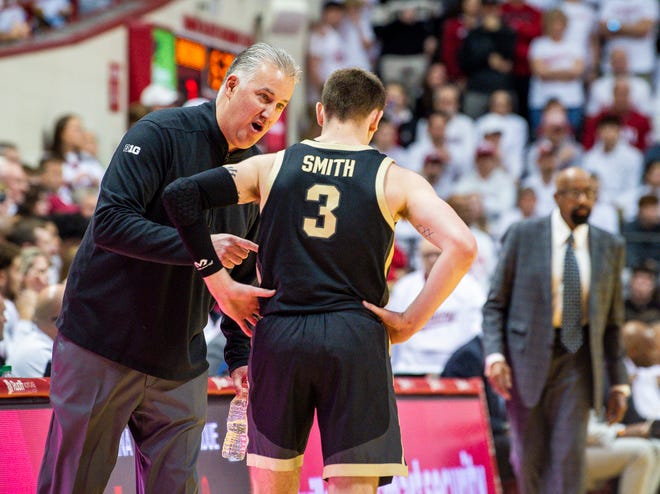 Purdue Head Coach Matt Painter talks with Braden Smith (4) during the first half of the Indiana versus Purdue men's basketball game at Simon Skjodt Assembly Hall on Tuesday, Jan. 16, 2024.