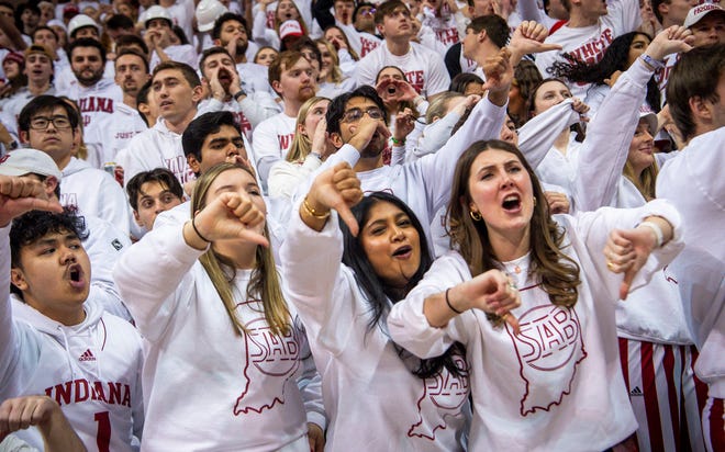 Indiana students react to the Purdue Boildermakers taking the floor before the first half of the Indiana versus Purdue men's basketball game at Simon Skjodt Assembly Hall on Tuesday, Jan. 16, 2024.