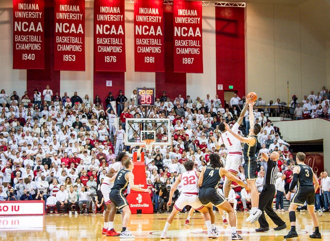 The opening tip of the first half of the Indiana versus Purdue men's basketball game at Simon Skjodt Assembly Hall on Tuesday, Jan. 16, 2024.