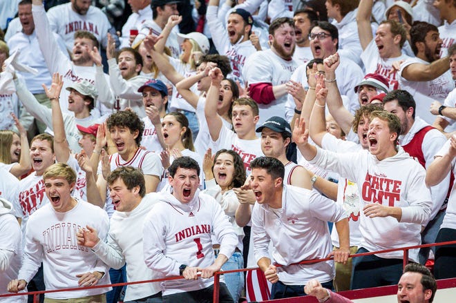 Indiana students cheer after a Mgbako three-pointer during the first half of the Indiana versus Purdue men's basketball game at Simon Skjodt Assembly Hall on Tuesday, Jan. 16, 2024.