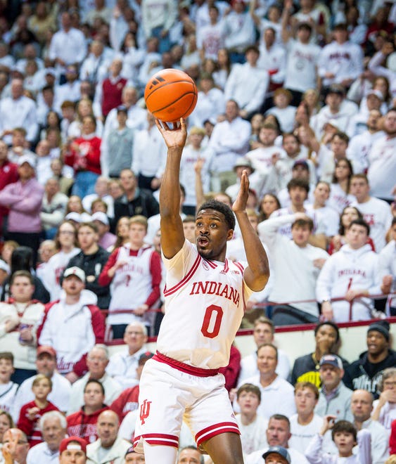Indiana's Xavier Johnson (0) shoots during the first half of the Indiana versus Purdue men's basketball game at Simon Skjodt Assembly Hall on Tuesday, Jan. 16, 2024.