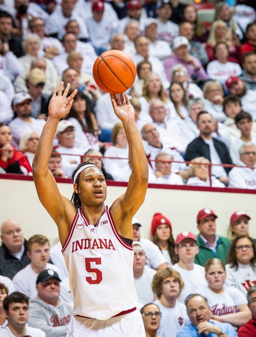 Indiana's Malik Reneau (5) shoots during the second half of the Indiana versus Purdue men's basketball game at Simon Skjodt Assembly Hall on Tuesday, Jan. 16, 2024.