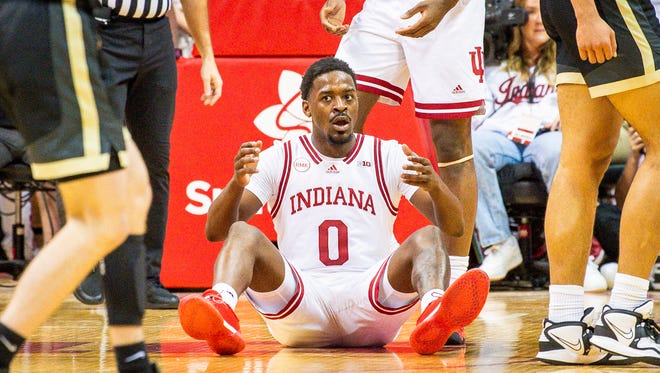 Indiana's Xavier Johnson (0) reacts tp getting called for a foul during the second half of the Indiana versus Purdue men's basketball game at Simon Skjodt Assembly Hall on Tuesday, Jan. 16, 2024.